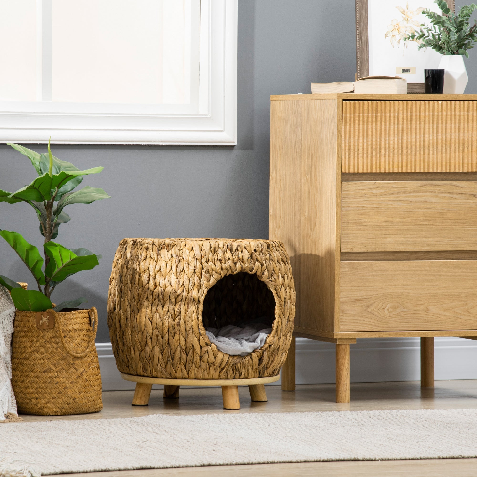 Rattan Cat House Stool For Rest W/ Soft Cushion 44 X 43 X 41cm