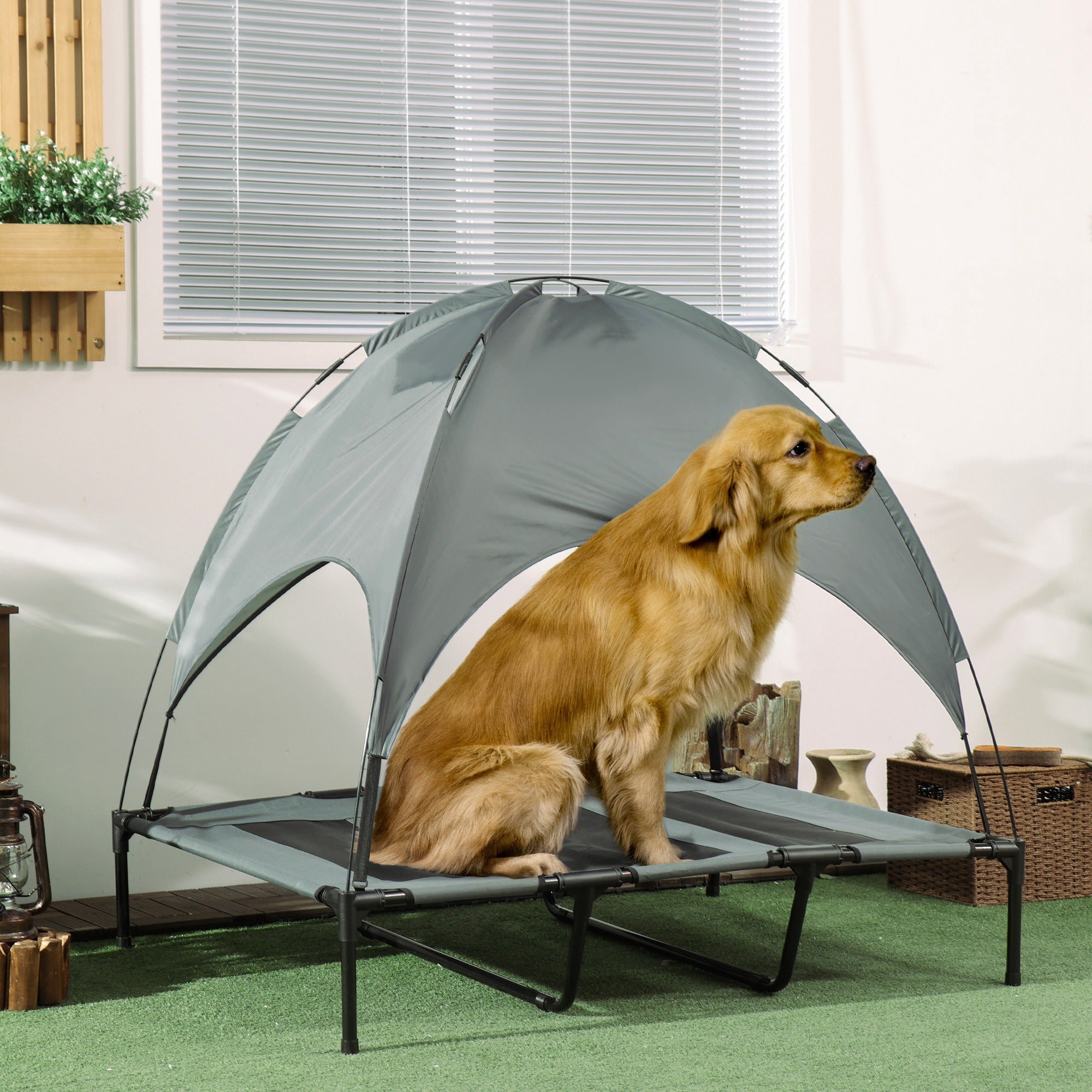 Pawhut 122cm Elevated Dog Bed Cooling Raised Pet Cot Uv Protection Canopy