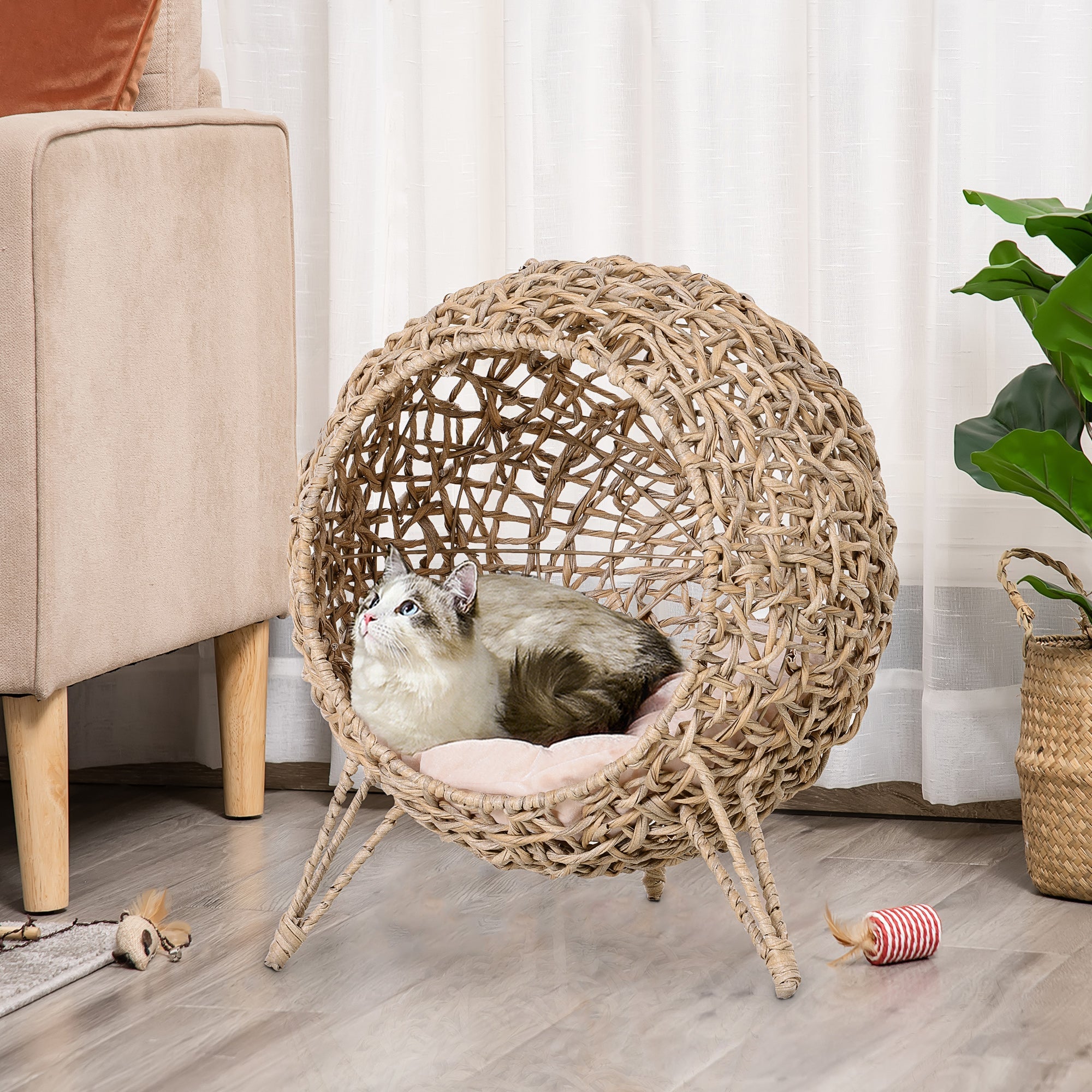 Wicker Cat House, Ball-shaped Rattan Raised Cat Bed