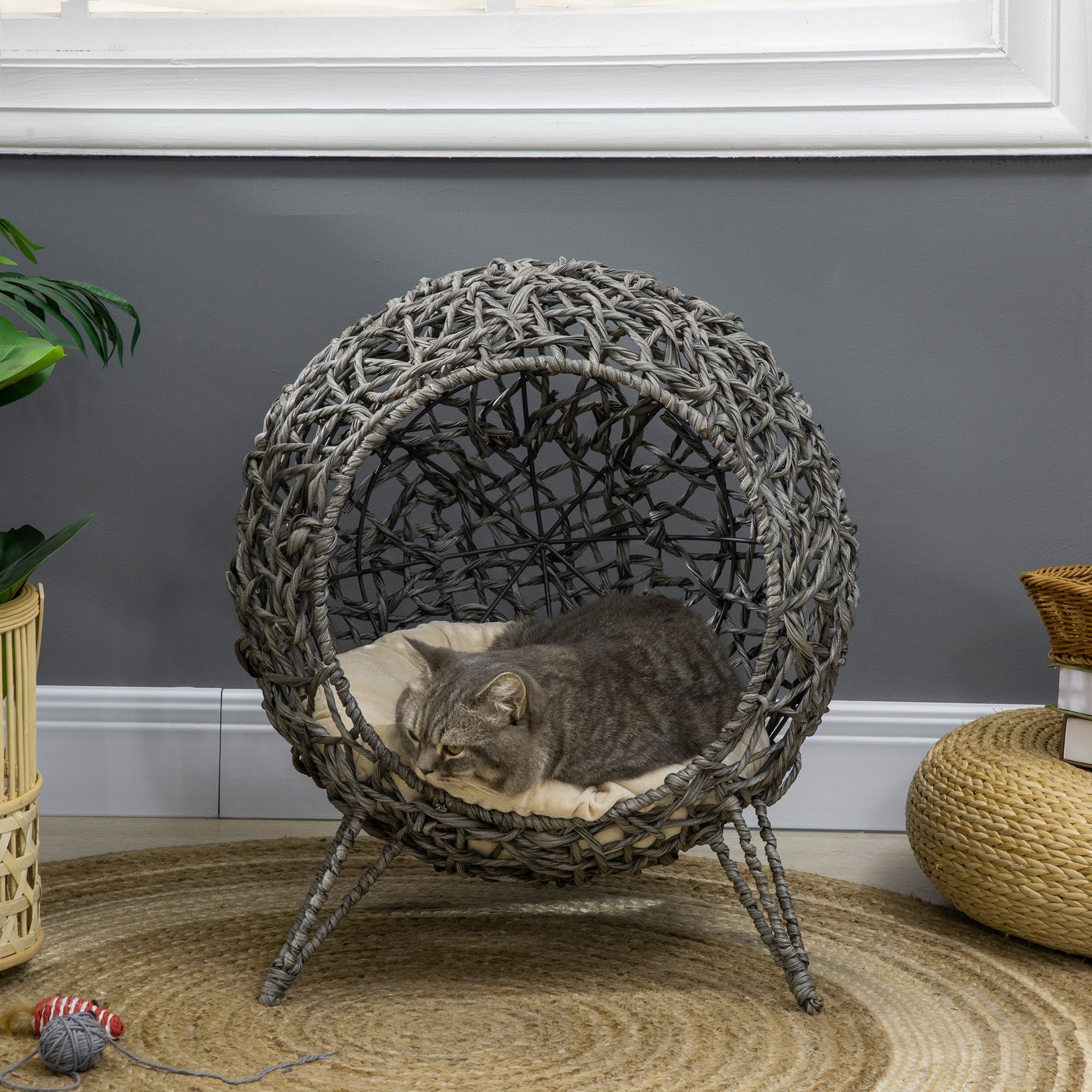 Wicker Cat House, Ball-shaped Rattan Raised Cat Bed