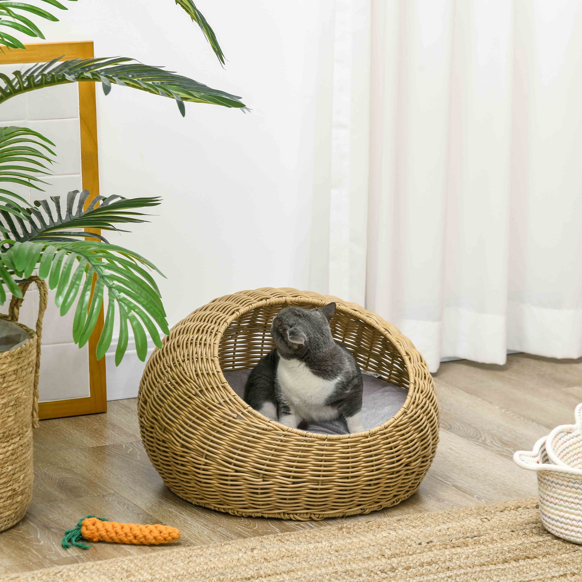 Wicker Cat House With Washable Cushion For Indoor Cats, Light Brown