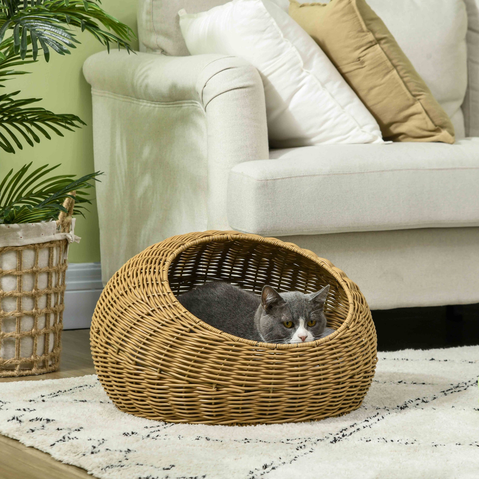 Wicker Cat House With Washable Cushion For Indoor Cats, Light Brown